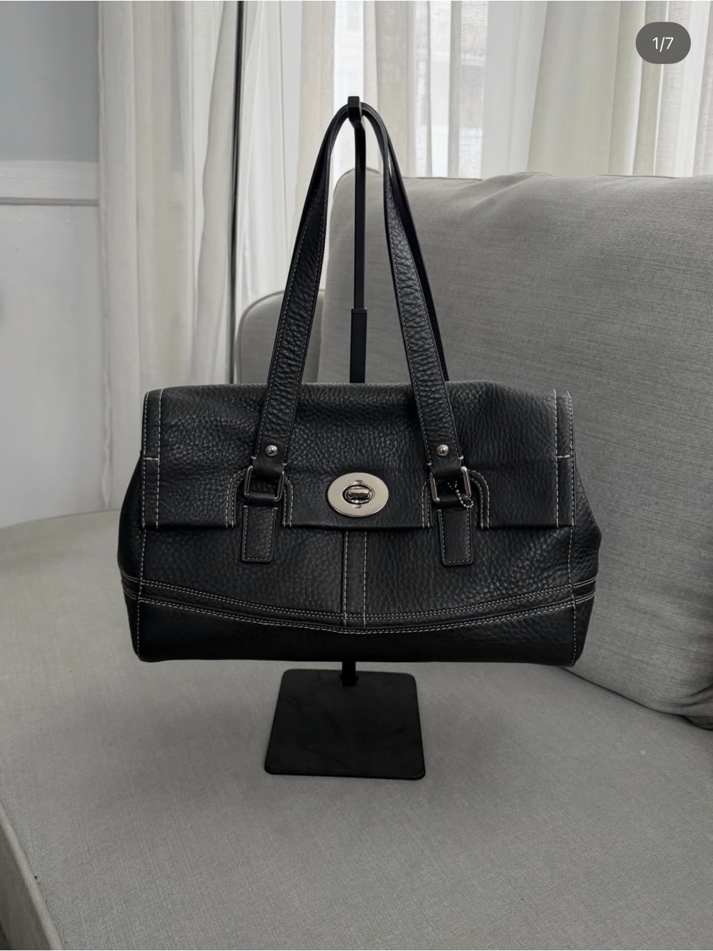 Black Leather Satchel Handbag With Silver Turnlock
